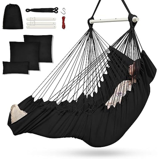Outerman Hammock Chair, Hanging Chair with 3 Cushions and Foot Rest Support, Sturdy Metal Spreader Bar Max 500Lbs, Swing Chair for Bedroom, Indoor & Outdoor, Patio, Porch or Tree（Black）…