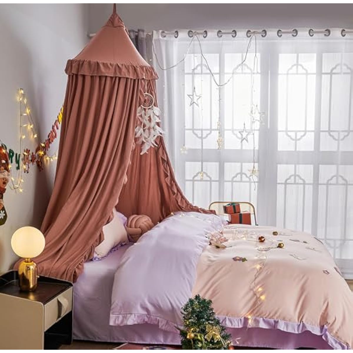 VETHIN Bed Canopy for Girls,Princess Round Dome Dreamy Mosquito Net Bedding Girls Room Castle Play Tent Hanging House Decor Reading Nook Canopies (JujubeRed)