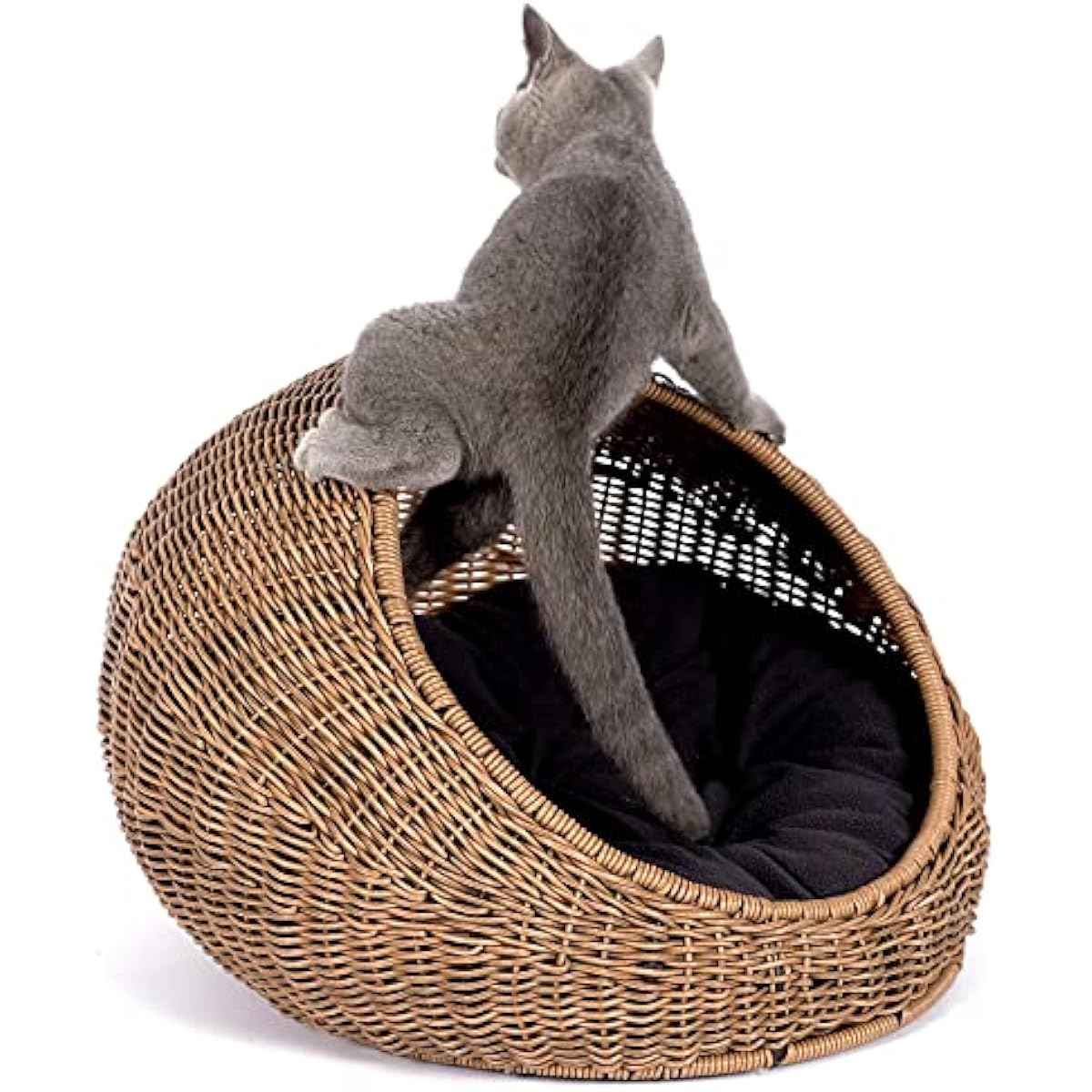D+GARDEN Wicker Cat Bed Dome for Medium Indoor Cats - a Covered Cat Hideaway Hut of Faux Rattan Houses Pets in Dome Basket, Washable