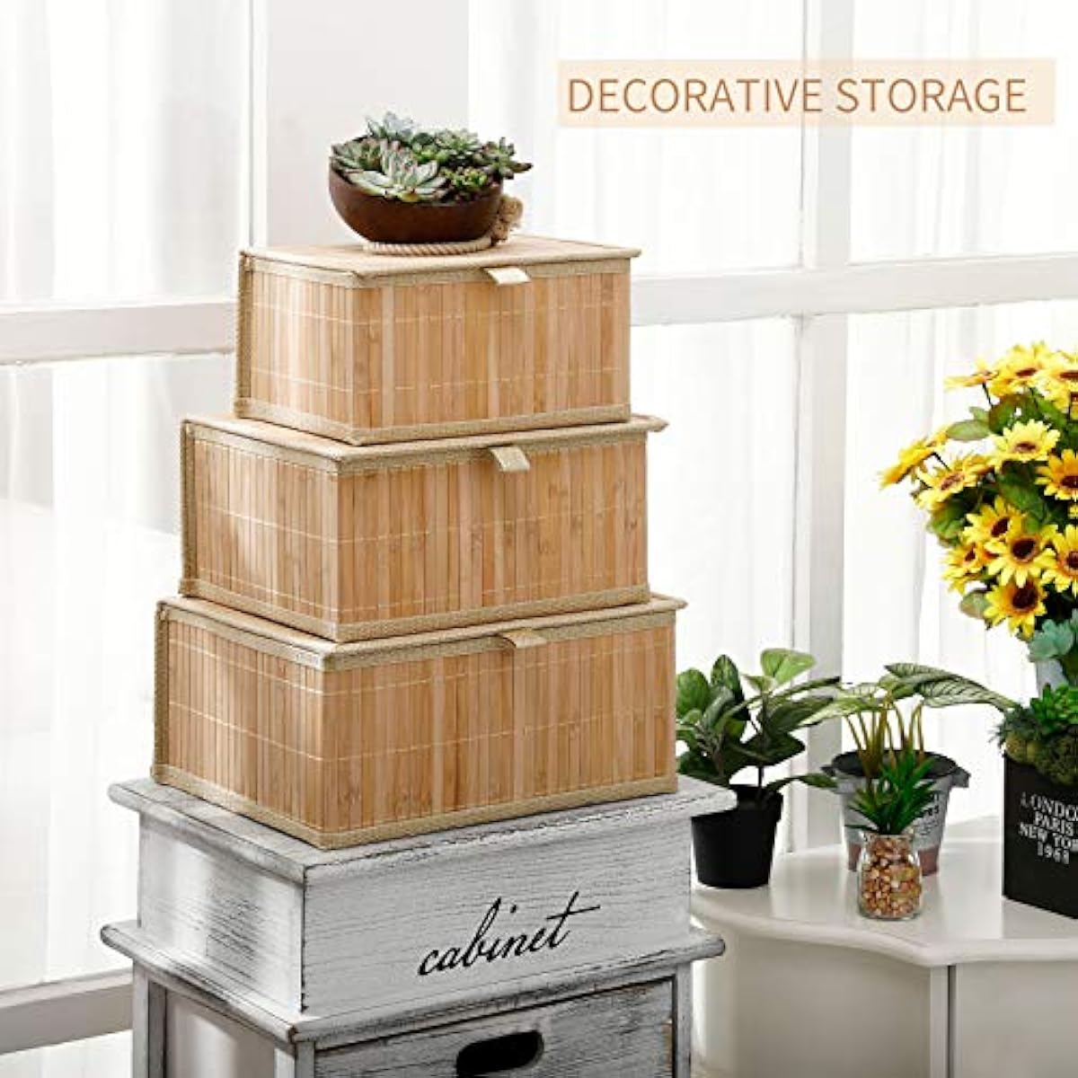 Honygebia Bamboo Decorative Storage Boxes - Set of 3 Woven Lined Storage Basket with Lids, Beige Wicker Lidded Baskets for Home Kitchen Shelf Organizer Decor