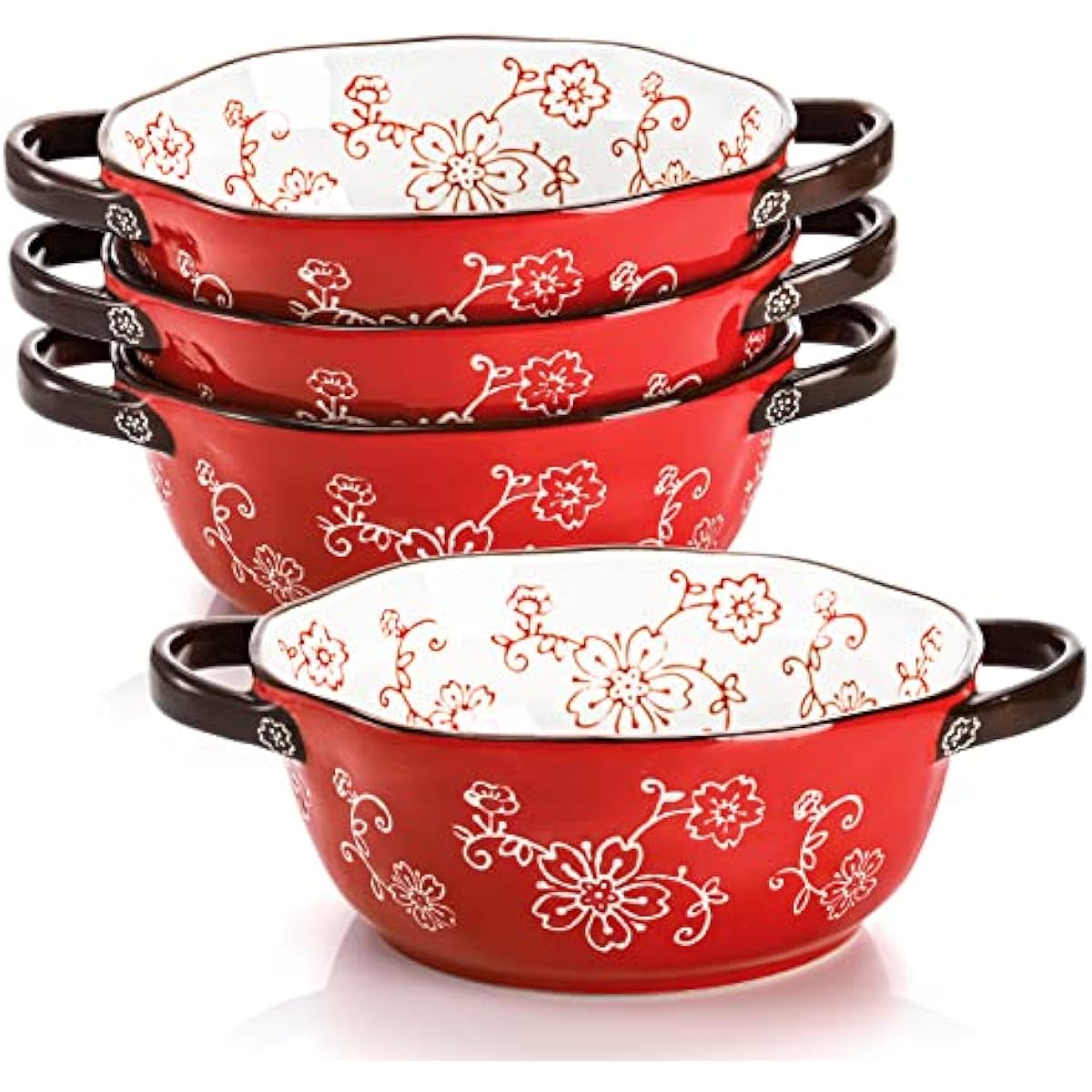 AVLA 4 Pack Ceramic Soup Bowls, 22 Ounces Porcelain Serving Bowl Set with Doundle Handle, Large Ceramic Crocks for French Onion Soup, Stew, Pasta, Cereal, Pot Pies (Red)