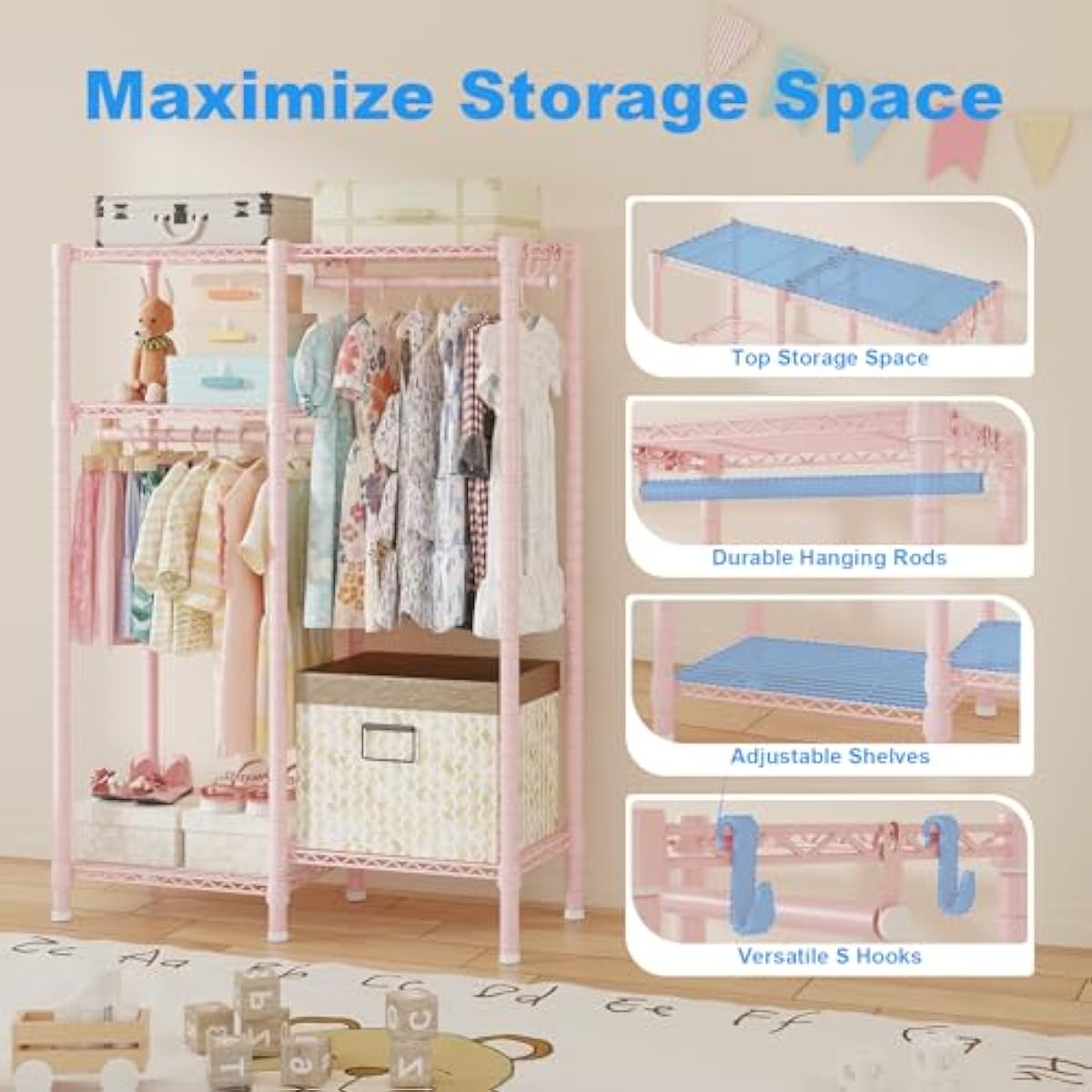 Ulif F1 Clothes Rack for Kids, Baby, Students, and Children's Room, 4 Tiers Portable Metal Closet Clothing Rack, Small Garment Rack with 2 Hanging Rod, 31.2" W x 11.8" D x 48" H, Pink
