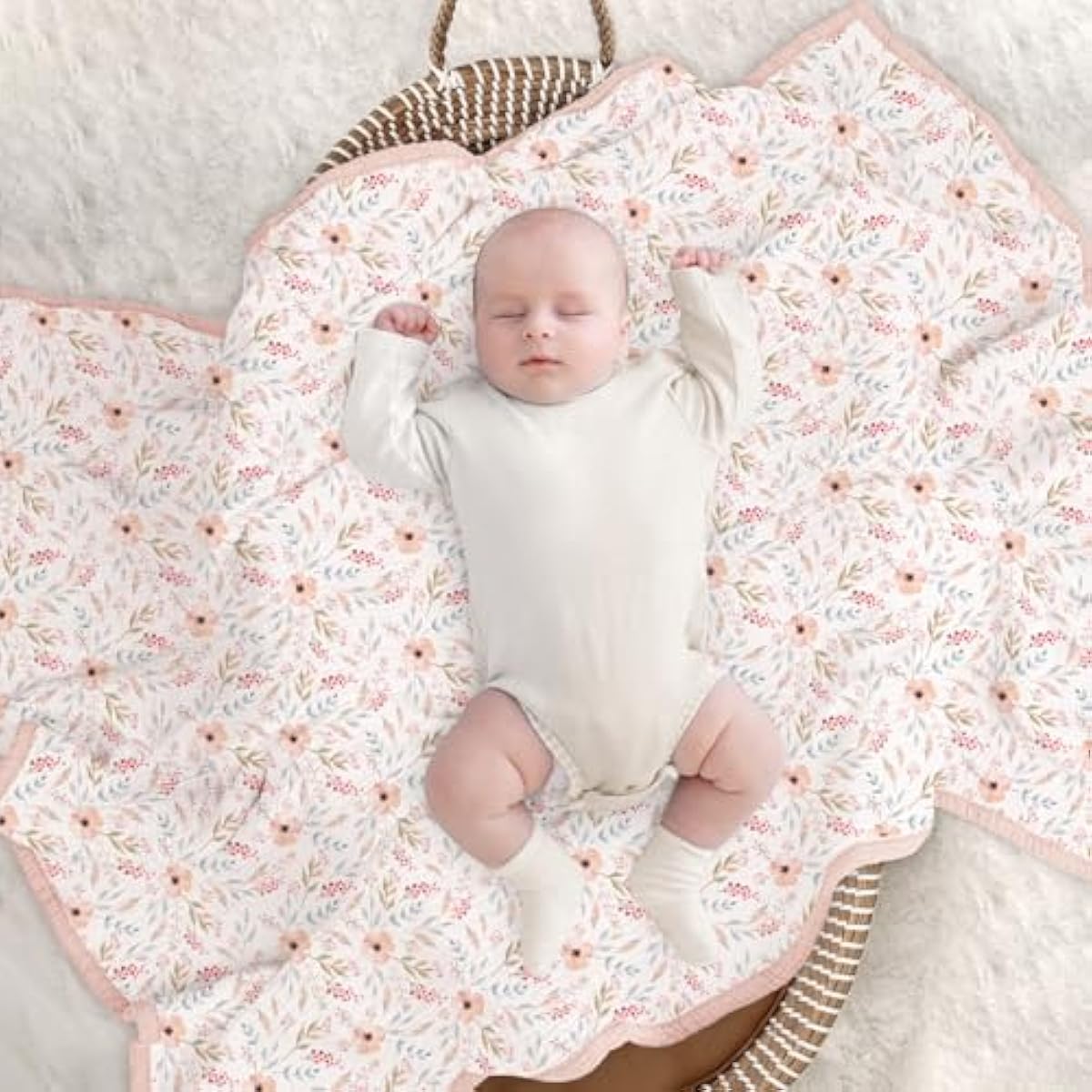 lulumoon Muslin Baby Blanket for Girls: Cotton Toddler Blanket for Crib - Soft Lightweight for Daycare & Nursery 47x47 Inches (Pink Flower)