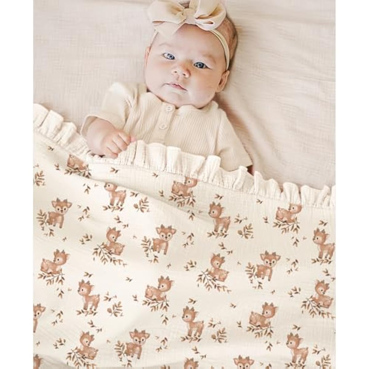 Konssy Flounce Muslin Baby Blanket for Girls Boys, 100% Cotton Soft Crib Swaddle Blankets, Reversible & Breathable Nursery Bedding for Newborns Toddlers, 40 x 36 Inches (Deer)
