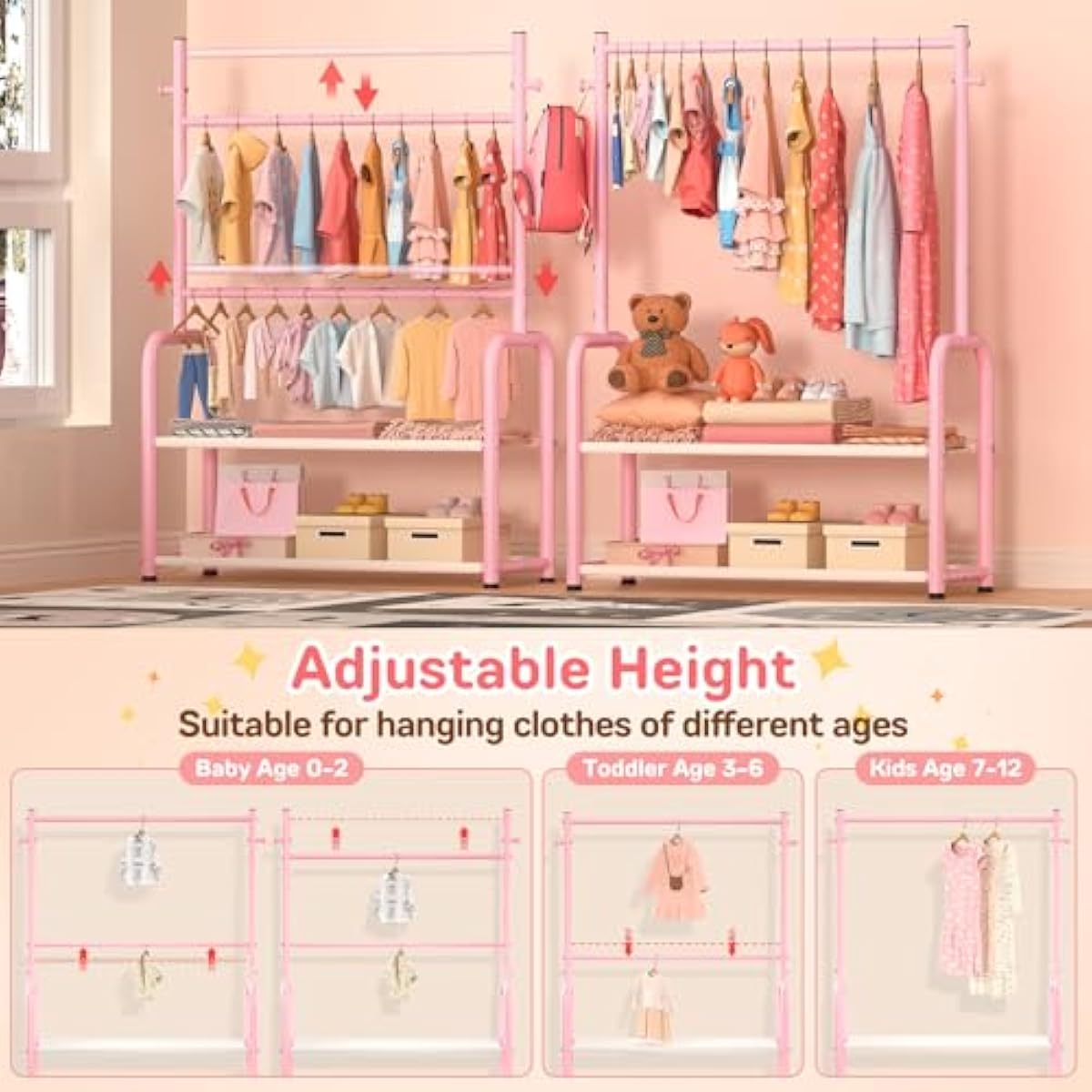 Kids Clothing Rack with 2-Layer Storage Shelf and 2 Adjustable Hanging Rods, Dress Up Rack for Hanging Clothes,Dress up Storage for Baby Toddle Kids(Classic, Pink)