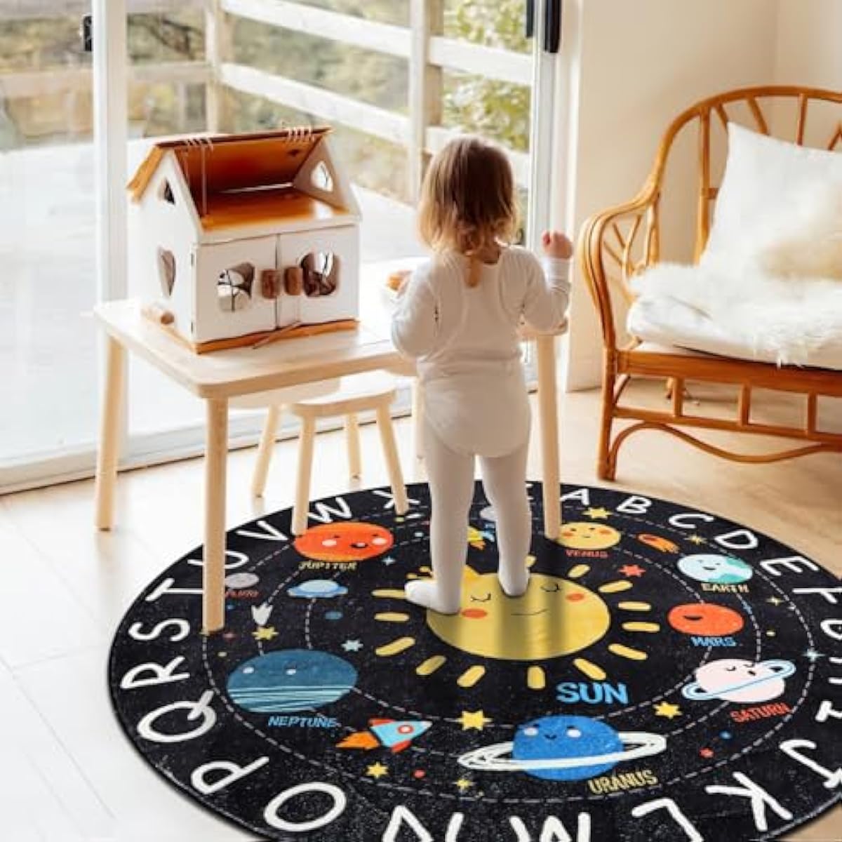 Round ABC Kids Rug,4 Ft Soft Circle Alphabet Playroom Rug,Washable Non-Slip Solar System Kid Play mat,Space Educational Rugs Kids Carpet for Classroom Playroom Bedroom Kids Room Decor