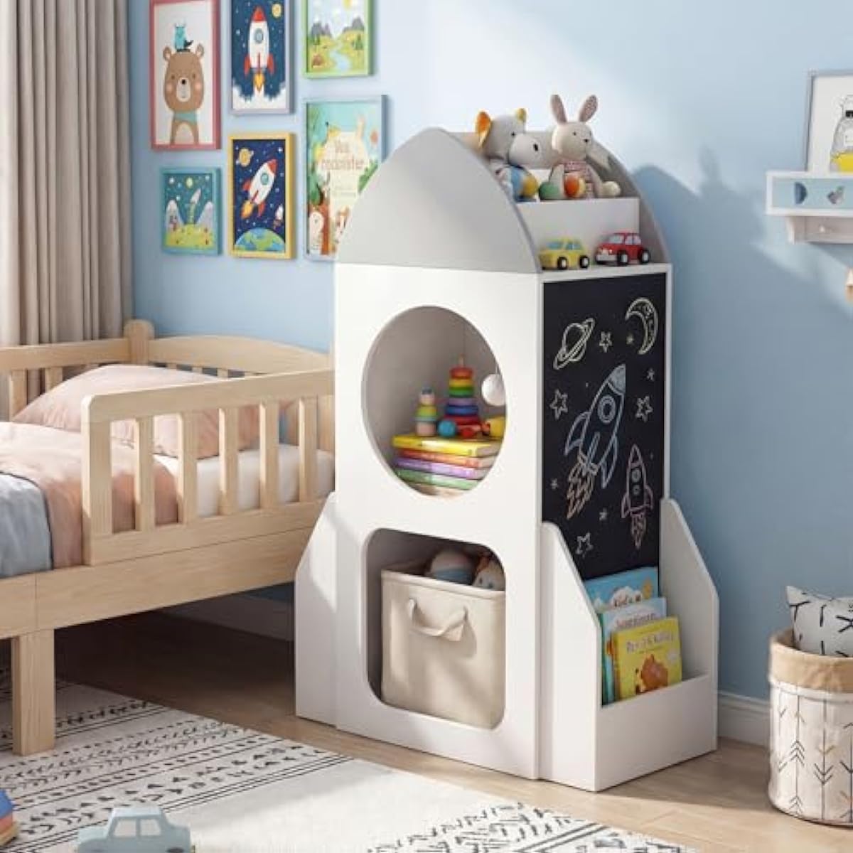 Costzon Rocket Kids Bookshelf, Toddler Toy Storage Organizer w/Chalkboard, 2 Cubbies and Open Shelf, Wooden Children Bookcase for Classroom, Playroom, Daycare, Nursery (White Rocket)