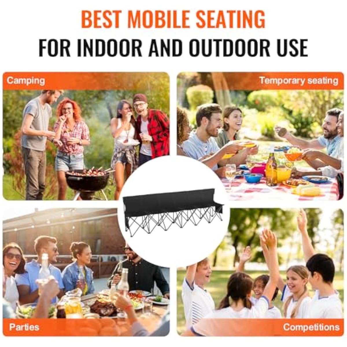 VEVOR Portable Folding B ench, 6 Seats Foldable Sideline B ench, Outdoor Camping Bench Chair with Carry Bag & Backrest, Team Sport Sideline B ench, No Assembly Instant Seating, Black