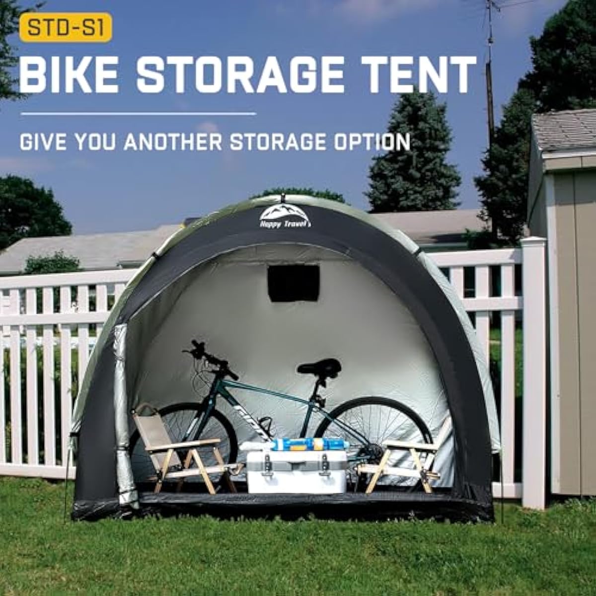 Happy Travel Bike Storage Shed Tent,Outdoor Portable Bicycle Storage Sheds with 210D Oxford Fabric PU4000 Waterproof for 2/3/4/6/8 Bikes,Bike Covers Shelter for Motorcycle,Garden Tools,Toys,Lawn Mower