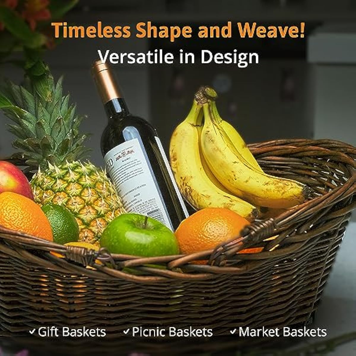Wald Imports - Medium Wicker Basket with Handle - Dark Brown Hand Woven Harvest Basket - Wicker Flower Basket for Storage, Picnics, Easter, Organizing, and More (17 x 6.5 inches)