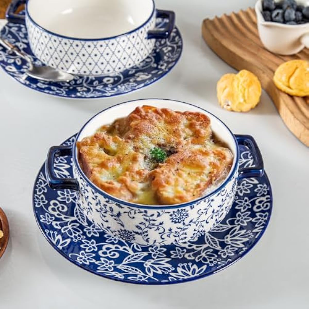 Soup Bowls with Handles - 24oz Ceramic French Onion Soup Crocks Serving Bowls for Pasta Cereal Beef Stew Pot Pies Casserole - Oven Microwave Dishwasher Safe - Set of 4, Blue