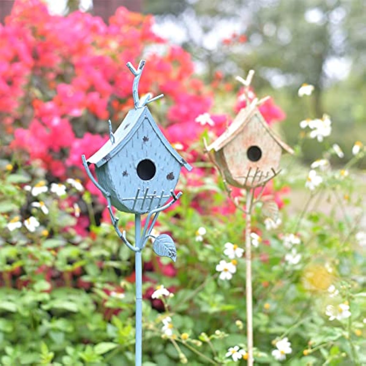 Bird Houses for Outside with Pole, Metal Birdhouse Stake for Outdoors Rustic Bird House On Pole Stand Farmhouse Birdhouse Decor Decorative Garden Yard Art 39" H Blue