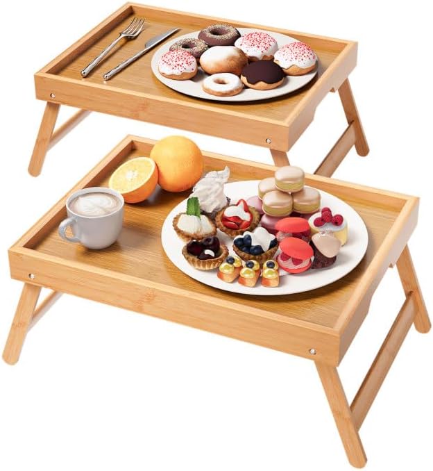 Fibogollo 2 Pack Bamboo Bed Tray Table with Folding Legs,Breakfast Trays,Serving Tray for Food and Snack,Laptop Trays for Working(Natural)