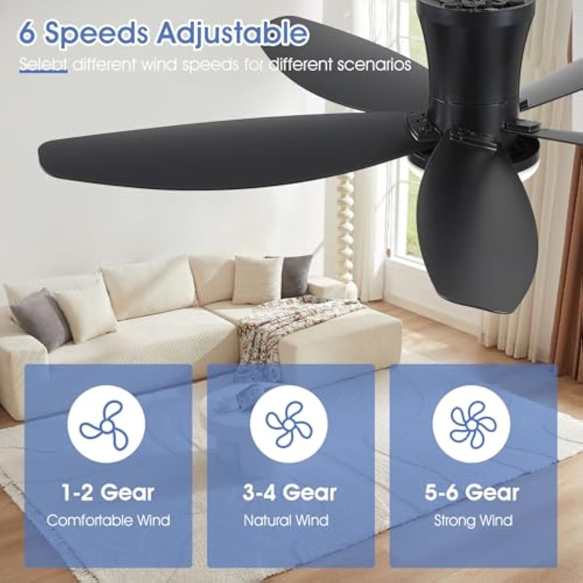 42" Ceiling Fans with Lights-Low Profile Ceiling Fan with Light and Remote/APP Control,Flush Mount,DC Reversible,LED Dimmable Blakc Ceiling Fans for Bedroom,Indoor/Outdoor Patio Use