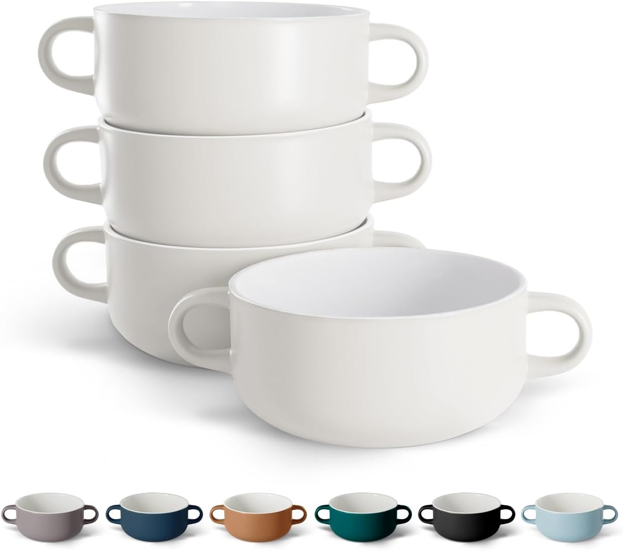 Kook Soup Crocks, Ceramic Bowls, Broil, Oven, Microwave and Dishwasher Safe, with Handles, For Casserole, Pasta, Cereal, 18 oz, Set of 4 (Pale Blue)