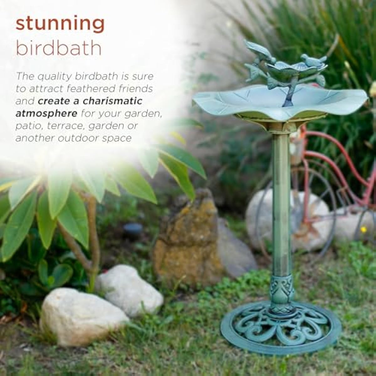 Alpine Corporation 33" Tall Outdoor Lotus Birdbath Yard Statue, Stunning Garden Accent to Attract Birds - Durable Polypropylene Construction for Patio, Deck, or Yard, Green