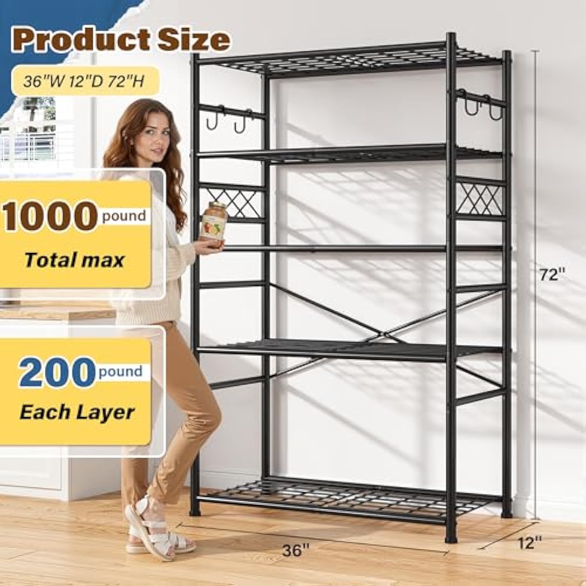 Storage Shelves 5-Tier Large Capacity Wire Shelving with Hooks, Heavy Duty Garage Shelving Unit with Leveling Feet, Stable Metal Shelf for Pantry, Kitchen and Closet, 72" H x 36" W x 12" D, Black