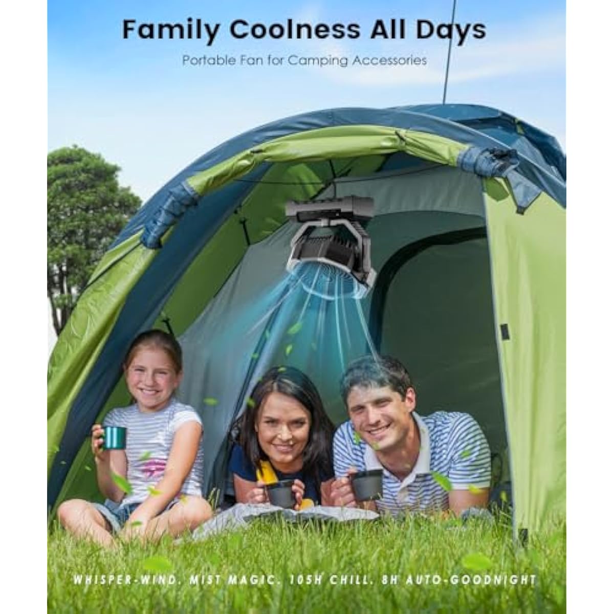 Camping Misting Fan - 24000mAh Portable Battery Powered Fans with 9oz Water Tank, Light, Hook - Rechargeable, 120H Cooling, Last 5H Mist, 4 Speed, Sleep Mode - Outdoor Gear, Travel Essentials