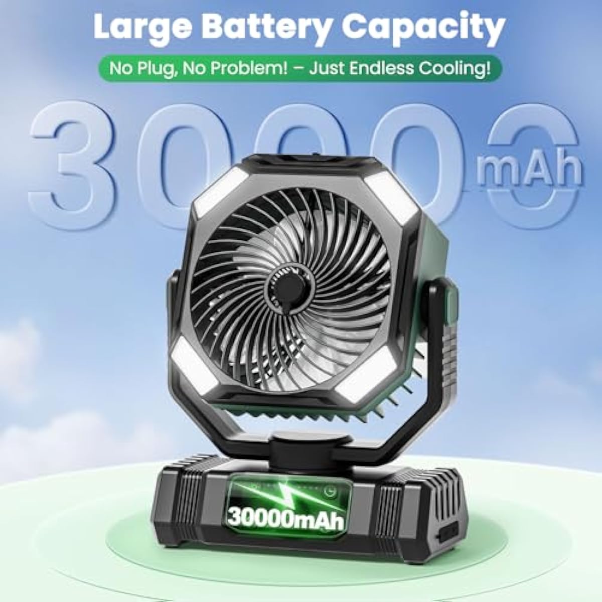 Camping Fan Rechargeable - 30000mAh Battery Powered Misting Fan for Outdoor Beach Tent - Portable Battery Operated Tent Air Conditioner for Camping - Glamping Essentials
