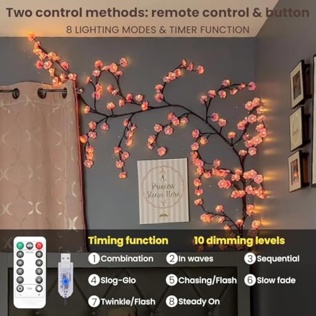 Cherry LED Tree Branch Lights for Wall, Cherry Blossom Willow Vine Twig Decor Garland with 48 LED Lights and Remote,8 Lighting Modes,Christmas Decorations Indoor for Home Wall Door Window (47inch)