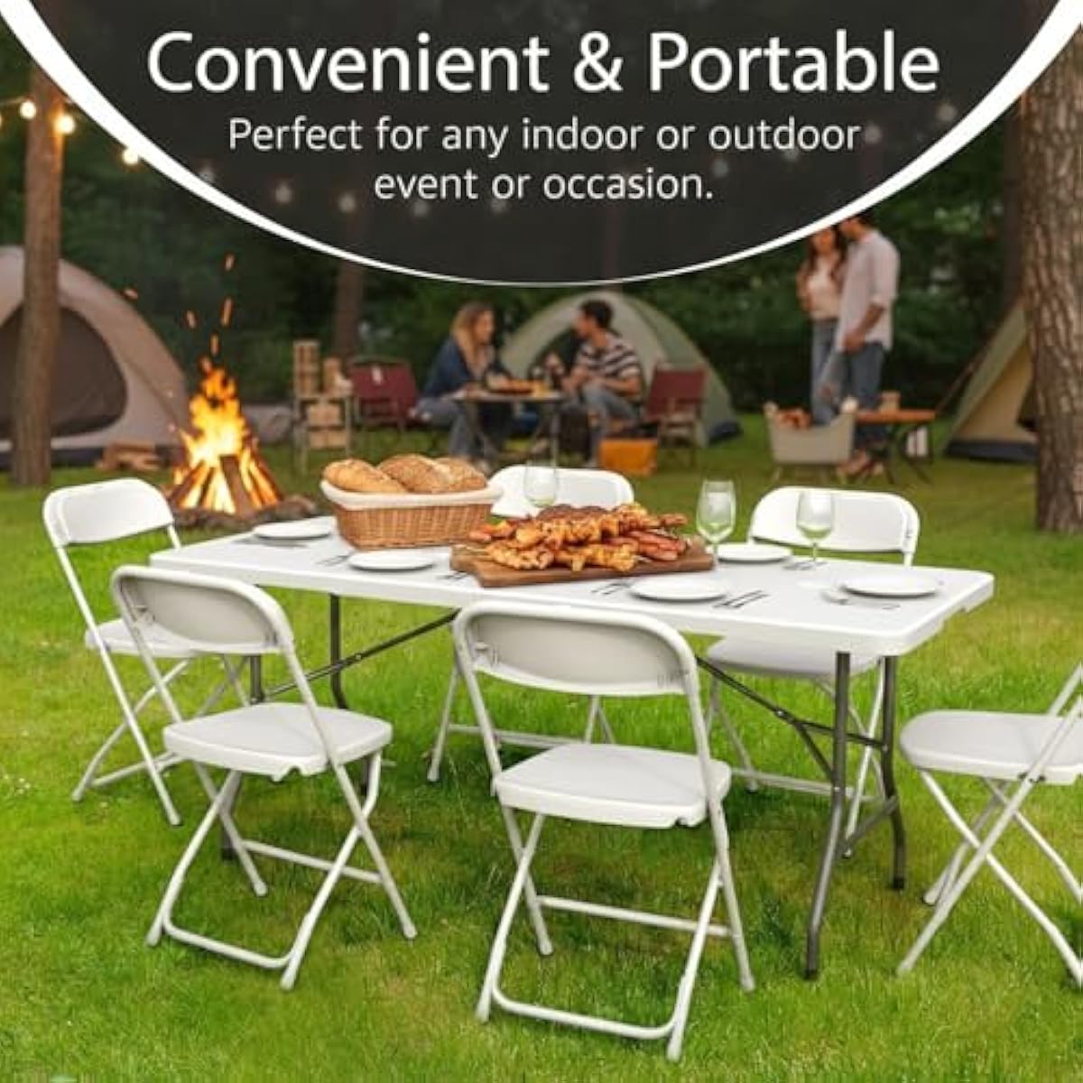 6ft Table Large Folding Table White Folding Table with Portable Carrying Handle 6ft Heavy Plastic Foldable Table for Party, Wedding, Events, Dining, Camping, Picnic Indoor, Outdoor, Utility