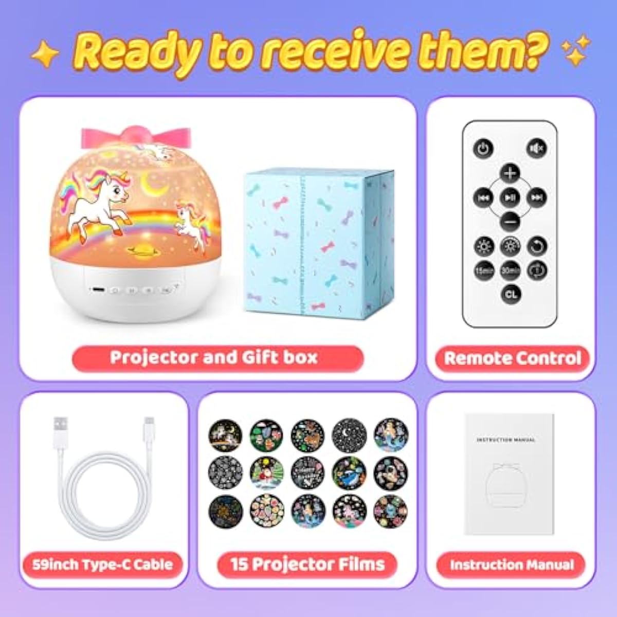Pikoy Unicorn Toys for Girls Gifts, 15 Films+15 Lullaby Sound Machine for Kids Night Light Projector, Remote+Rechargeable Night Light for Kids Gifts, 360 °Rotation Princess Mermaid Toddler Girl Toys