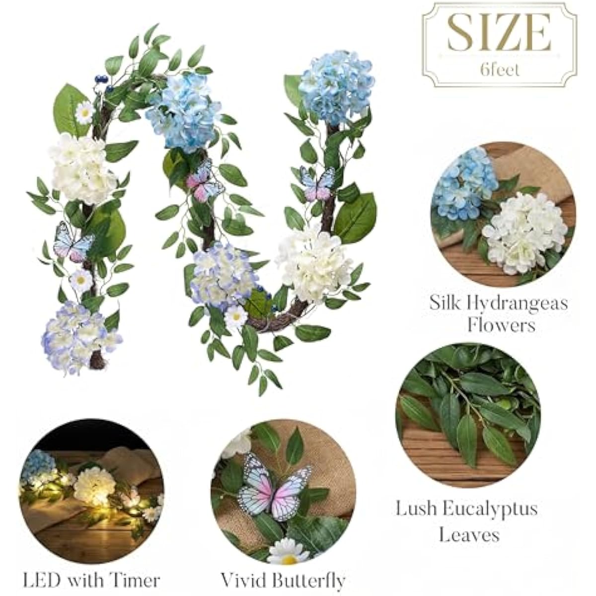 Valery Madelyn 6FT Spring Summer Flower Garland with Lights for Mantle,Blue White Hydrangeas Floral Garland with Eucalyptus Leaves Butterfly for Home Table Centrepiece Stairs Wedding Party Decorations