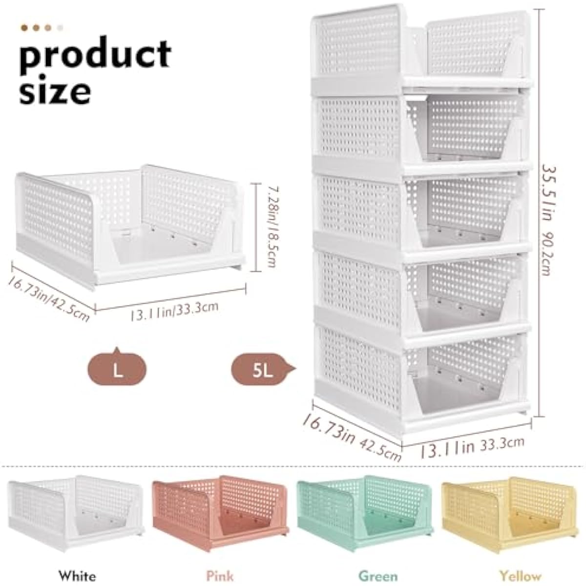 SNSLXH 5 Pack Stackable Closet Organizer Box, Multifunctional & Foldable Closet Storage Basket for Bathroom Kitchen Laundry Room Wardrobe Storage, Space-Saving Clothes Storage Drawer Organizer, Pink