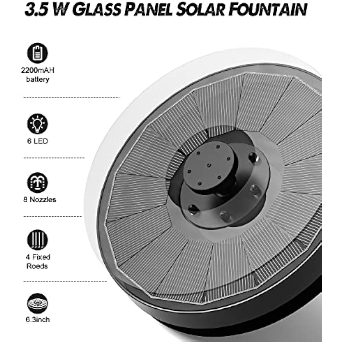 Yzert Solar Fountain Glass Panel with 2200 mah Battery, 3.5W Floating Solar Water Fountain with 4 Fixed Rods, Solar Pump for Bird Bath, Garden, Pond, Pool, Outdoor (Black Panel White Lights)