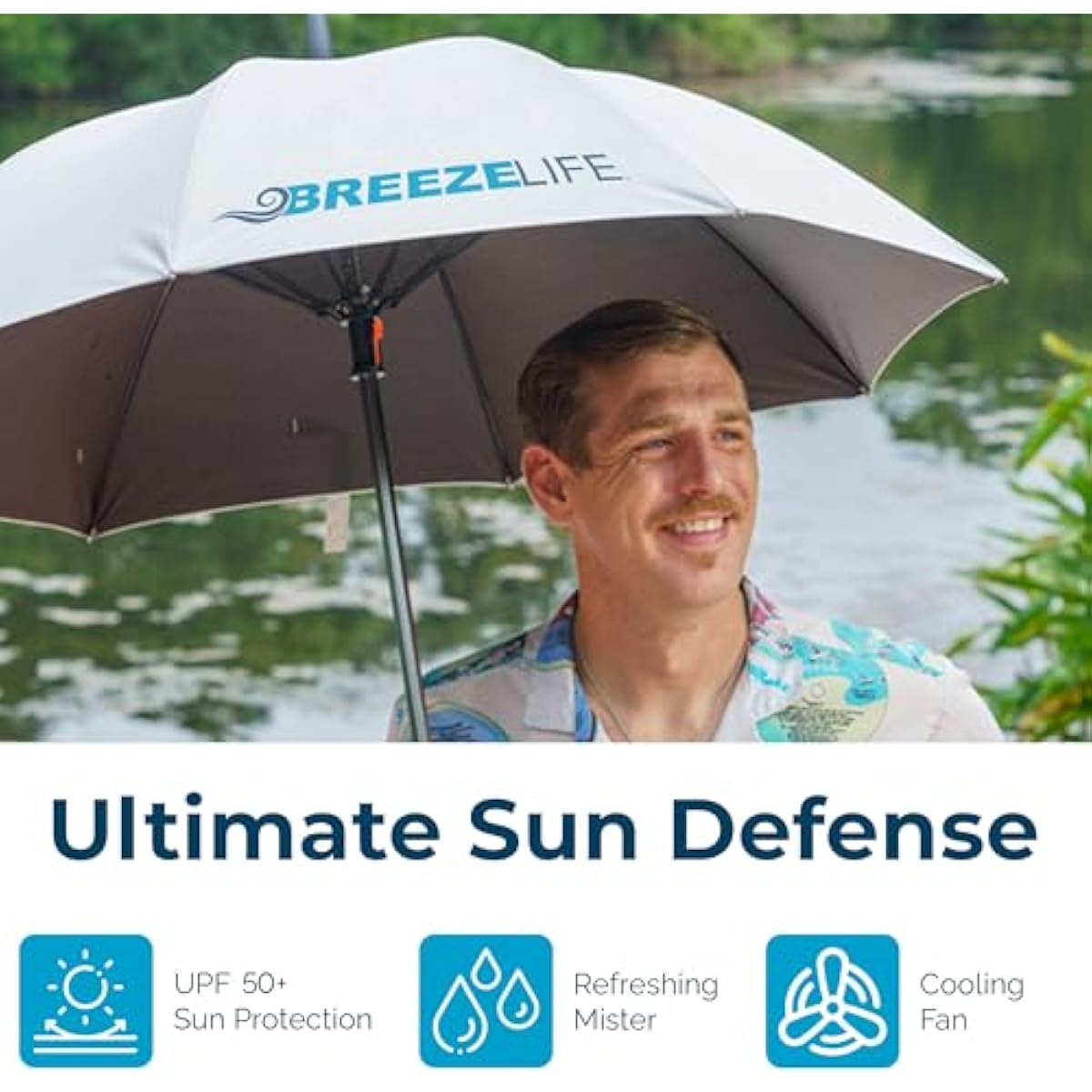 Breeze Life Original Mister Breeze (Silver Design) – Sun Umbrella with Fan and Mist Spray – Portable Fan Umbrella with Mister, 41" UV Shade, 3–4 Hr Runtime – Ideal for Festivals, Beach & Sports