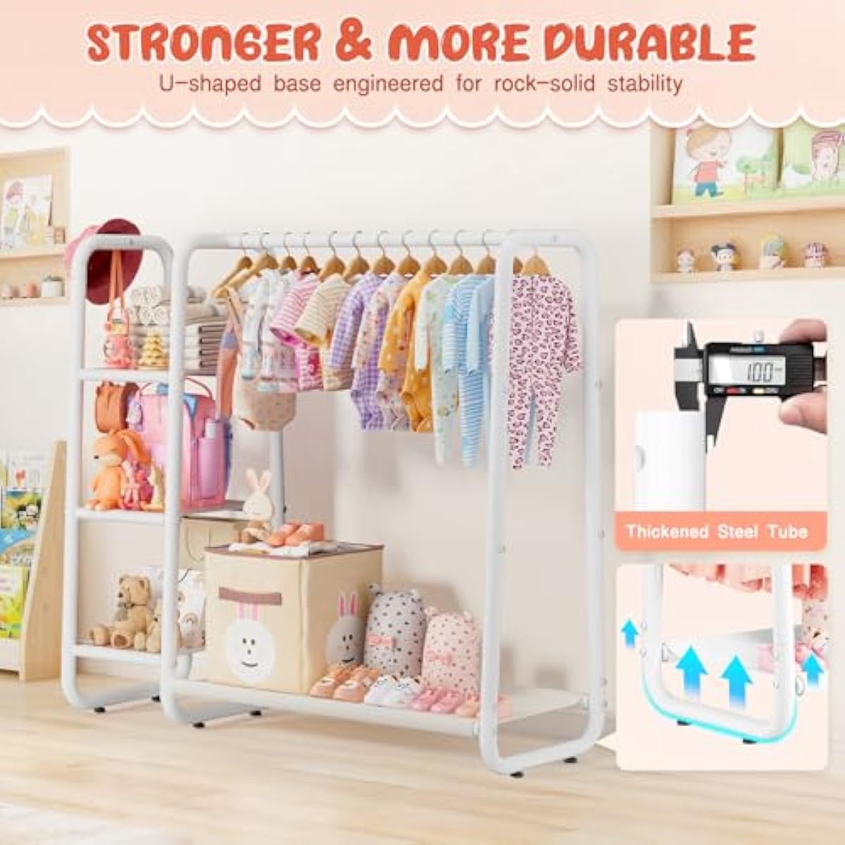 Kids Dress Up Storage with 4 Storage Shelf, More Storage Space Kids Clothing Rack for Costume Organizer Playroom Kids Girls Bedroom Nursery Organizer (Classic, White)