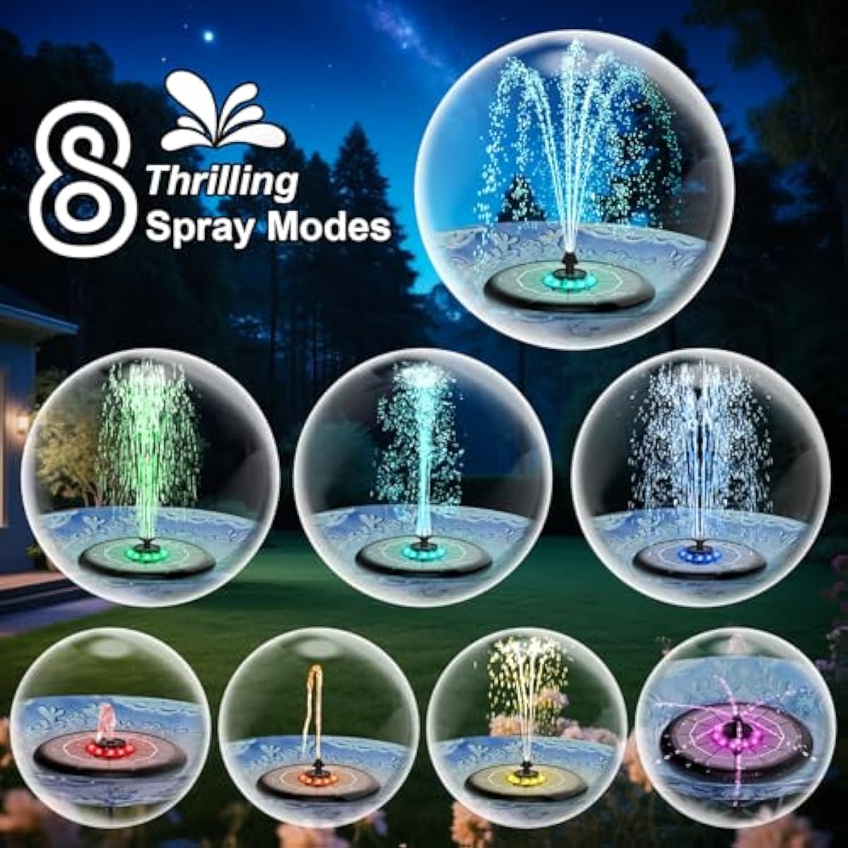 Solar Fountain UFO Style, 2026 Upgrade 5W Glass Solar Panel Bird Bath Fountain with LED Lights, 4000mAh Backup Battery, 7 Nozzles for for Garden, Pond, Pool, Patio Outdoor Water Feature