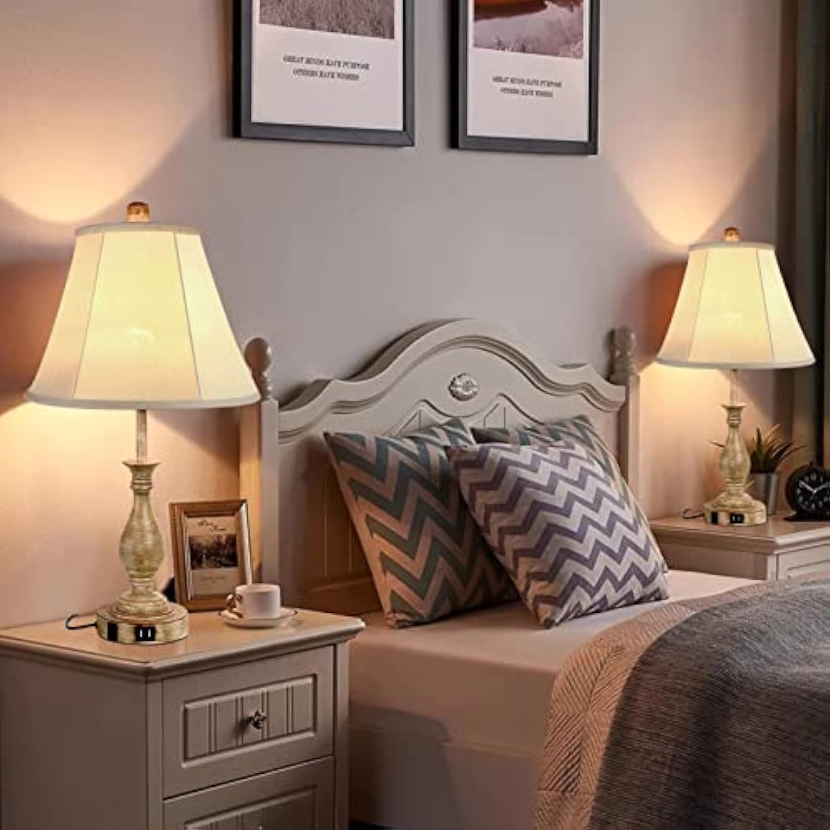 Farmhouse Table Lamp Touch Control 3-Way Dimmable Table Lamp, Modern Nightstand Lamp with 2 USB Port Bedside Desk Lamp with Fabric Shade for Living Room Bedroom Hotel (Pack 1-Beige Shade)
