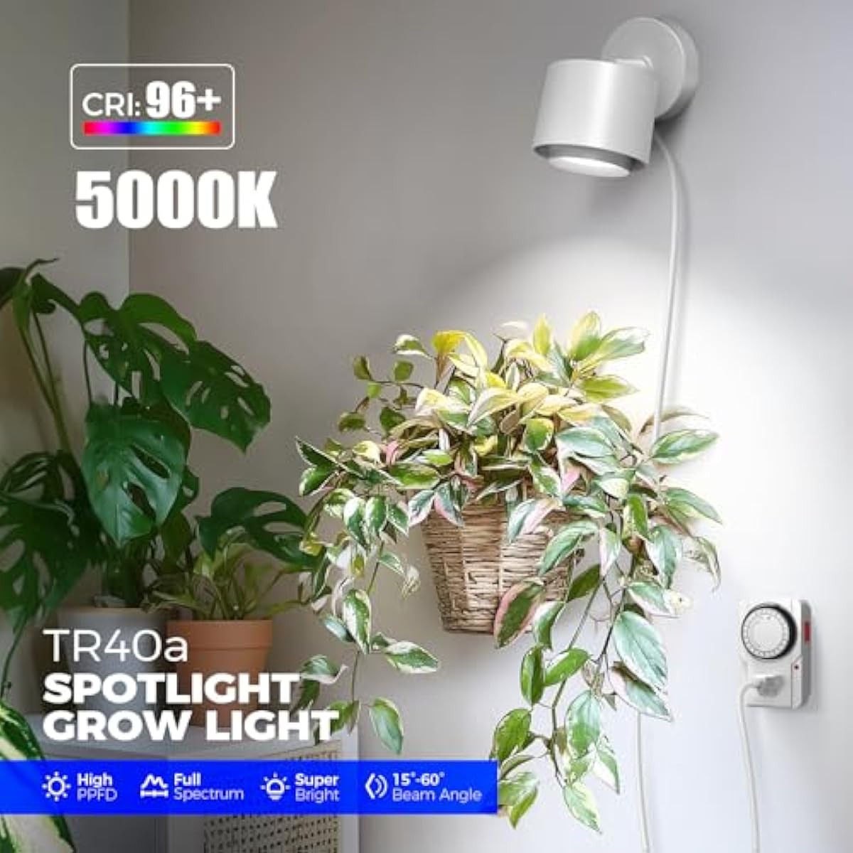 Barrina TR40a Track Grow Light for Indoor Plants, 40W Wall-Mounted Grow Bulbs with Adjustable Beam Angle (15°-60°), 5000K Full Spectrum Plant Spotlight with Timer & 16.4' Power Cord, 1-Pack