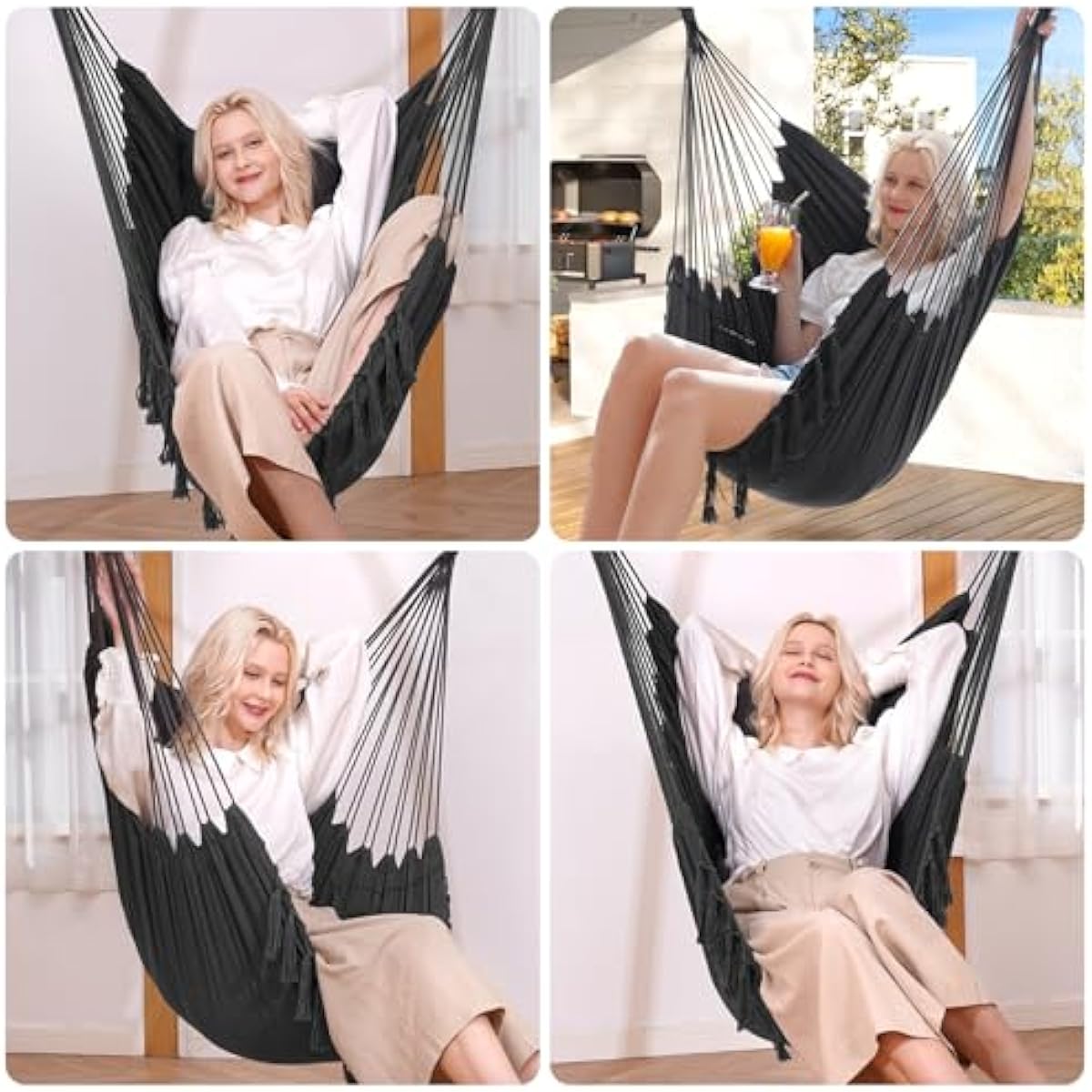 Y- STOP Hammock Chair Hanging Rope Swing, Max 500 Lbs, 2 Cushions Included, Large Macrame Hanging Chair with Pocket, Cotton Weave for Superior Comfort, Durability (Dark Grey)