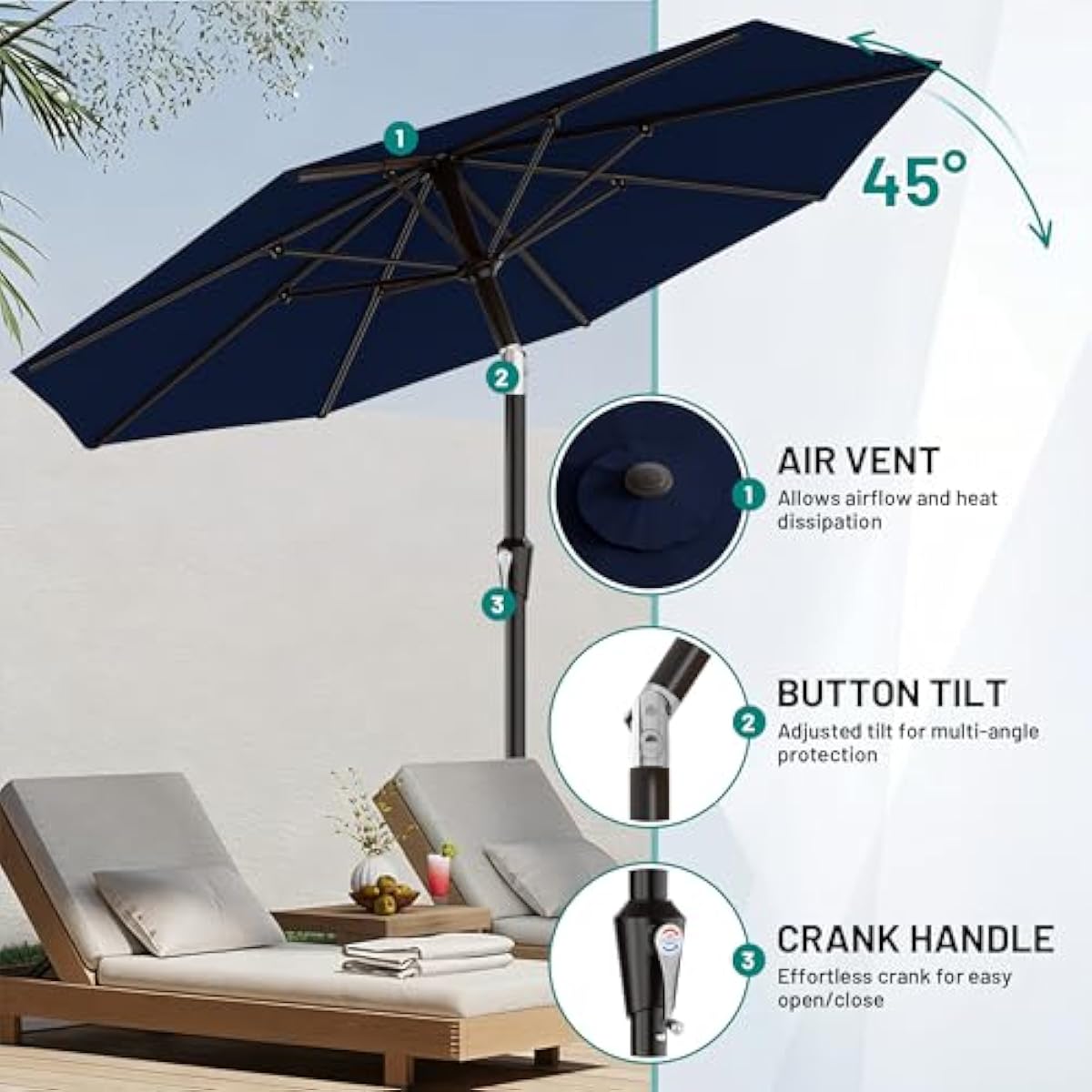 AreShark 9 FT Patio Umbrella for Outdoor, Outdoor Umbrella with Push Button Tilt and Crank, Outdoor Patio Umbrellas with 8 Sturdy Ribs for Market, Garden, Deck, Backyard, Pool (Navy)