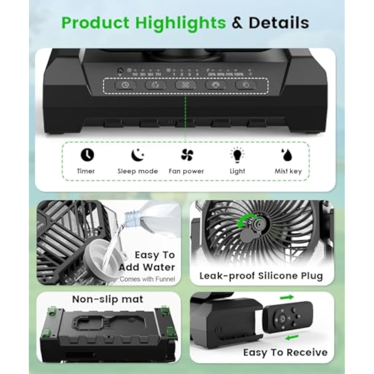 Camping Misting Fan - 24000mAh Portable Battery Powered Fans with 9oz Water Tank, Light, Hook - Rechargeable, 120H Cooling, Last 5H Mist, 4 Speed, Sleep Mode - Outdoor Gear, Travel Essentials