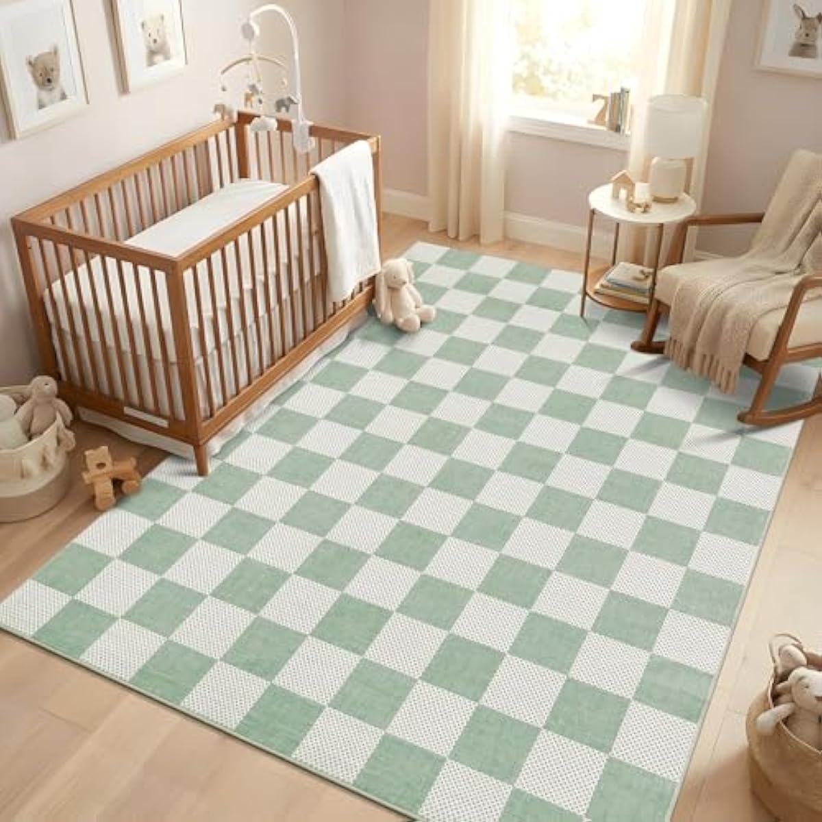 Checkered Sage Green 4x6 Washable Rug Geometric Diamond Dot Modern Soft Low-Pile Girls Small Rug for Bedroom Nursery Living Room Entryway Non-Slip TPE Backing