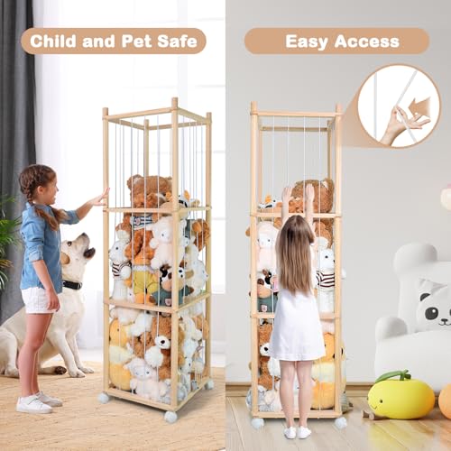 Stuffed Animal Storage, Wood Stuffed Animal Zoo Storage with Brake Wheels, Space Save Toy Organizer, Large Capacity Stuffed Animal Holder, Perfect for Nursery Playroom Kidroom Bedroom-54.3 Inch