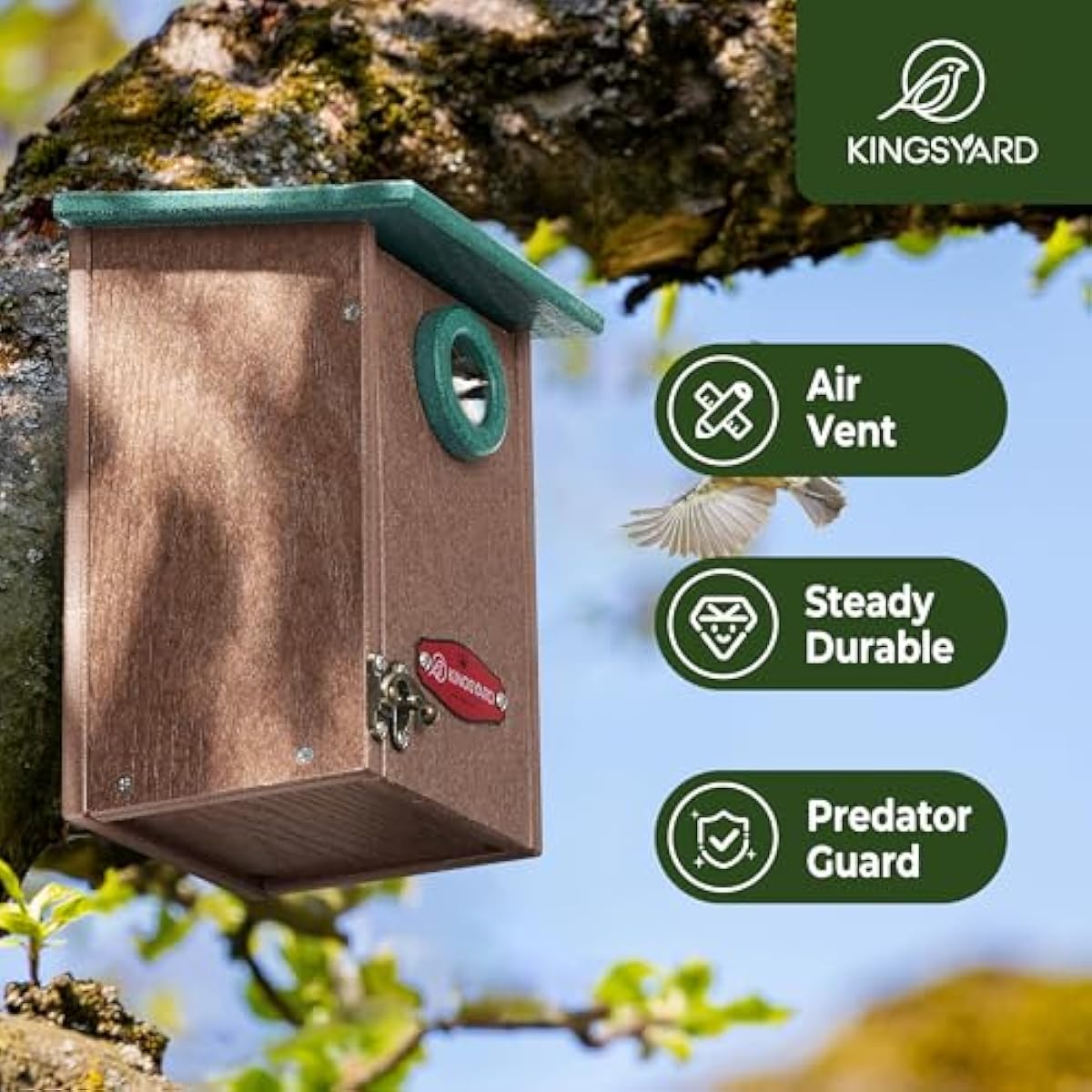 Kingsyard Recycled Plastic Bird House for Outdoors - Weatherproof Wren Bird Nesting with Predator Guard & Air Vents, Green