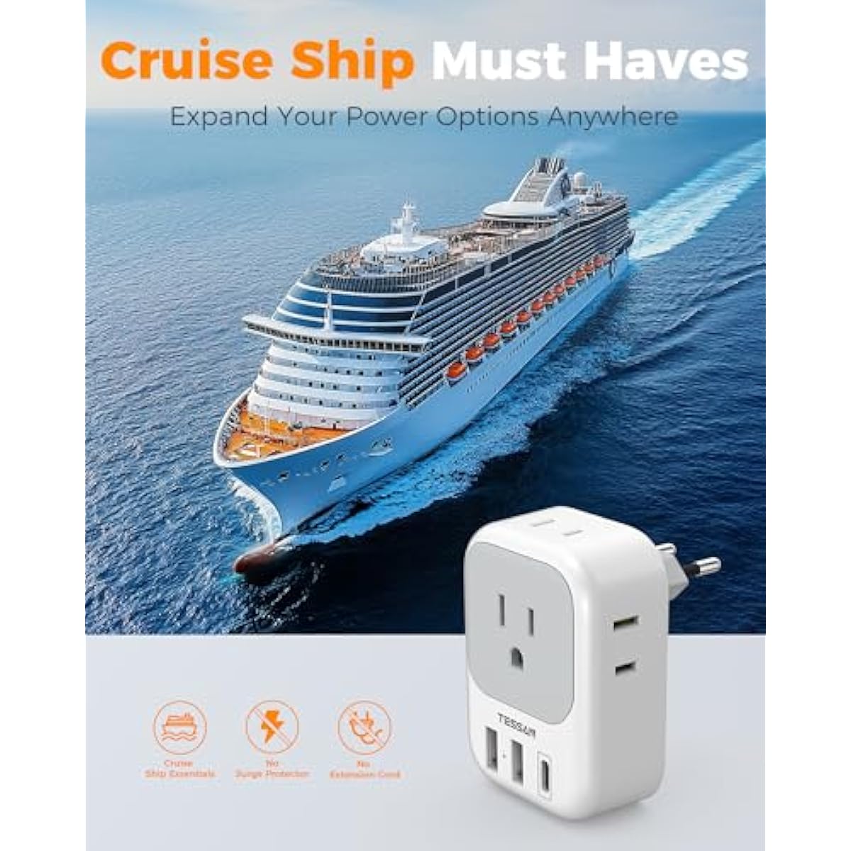 2 Pack European Plug Adapter USB C, TESSAN US to Europe Adapter 4 Outlets 3 USB Charger, Type C International Power Adaptor to Italy Spain France Portugal Iceland Germany, Europe Travel Essentials