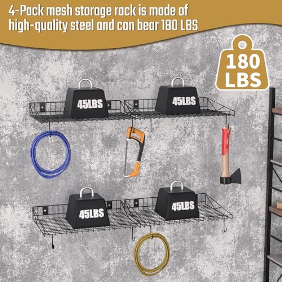 4 Pack Garage Wall Shelf, Garage Wall Mounted Shelving, Heavy Duty Floating Shelves With 8 Hooks, Loads 180 LBS Black Wall Shelves Mesh Storage Rack for Office, Basement, Wall Cabinet and Kitchen