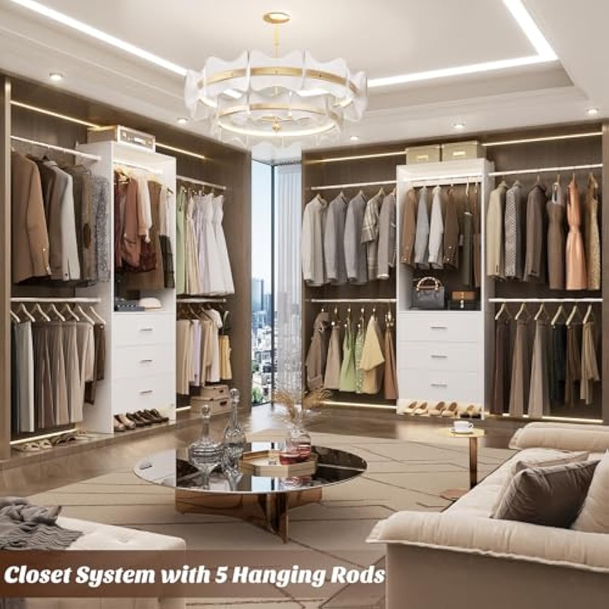 Aheaplus Closet System, Closet Organizer with 3 Wooden Drawers, Closet Organizer System, Walk-in Closet Wardrobe Clothes Rack with 4 Hanging Rods, Garment Rack, -4R, White