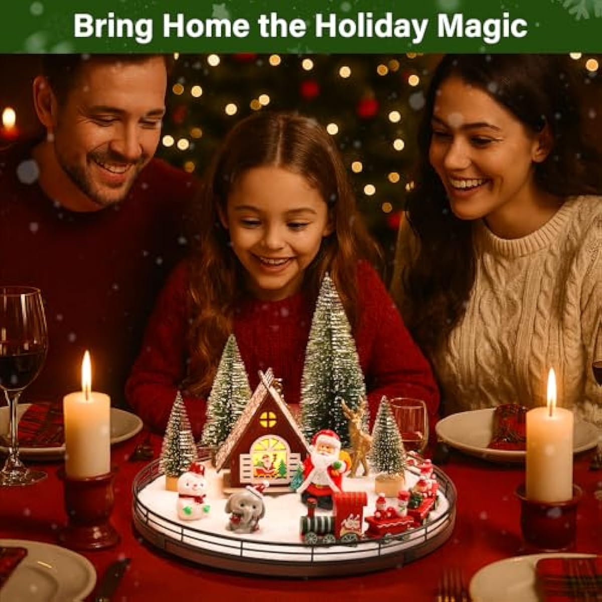 AMH 12 PCS Christmas Table Decorations Set with Oak Rotating Base – Xmas Town Village Centerpiece with Santa, Train, House, Trees & Figurines, Tabletop Decorations for Holiday Dining & Coffee Tables