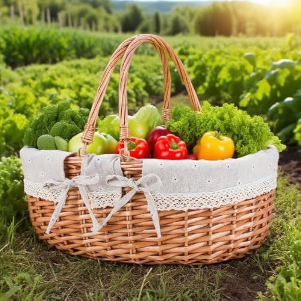 Large Wicker Picnic Basket with Handles,Handle Sturdy Woven Body with Removable and Washable Lining,Outdoor Camping,Gift Packing,Garden Picking, Storage.White Flower