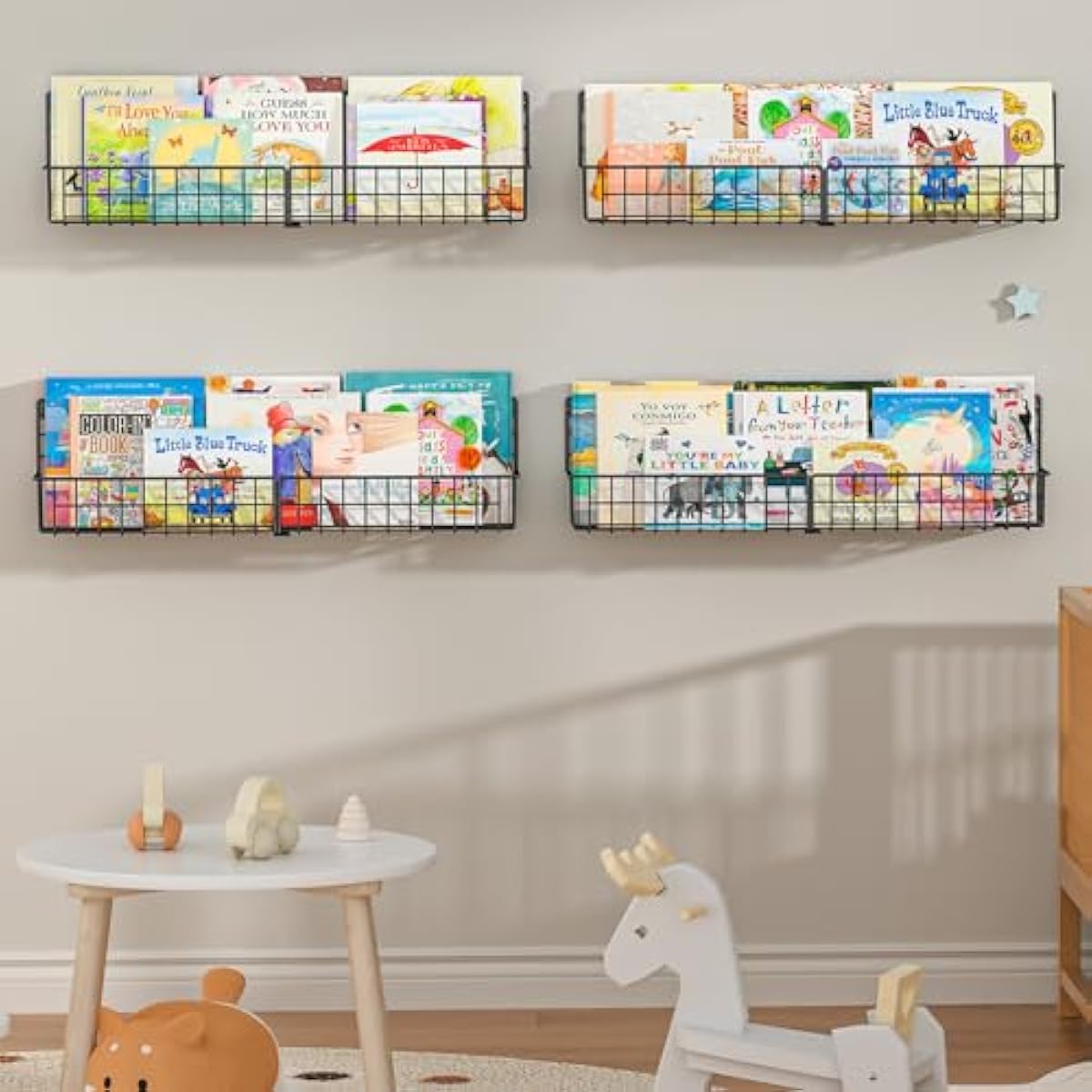 X-cosrack 24 Inch Wall Mounted Kids Bookshelf, Floating Metal Book Shelves for Kids Nursery Toddler Classroom, Hanging Book Shelf Organizer for Room Decor, Black, Set of 4