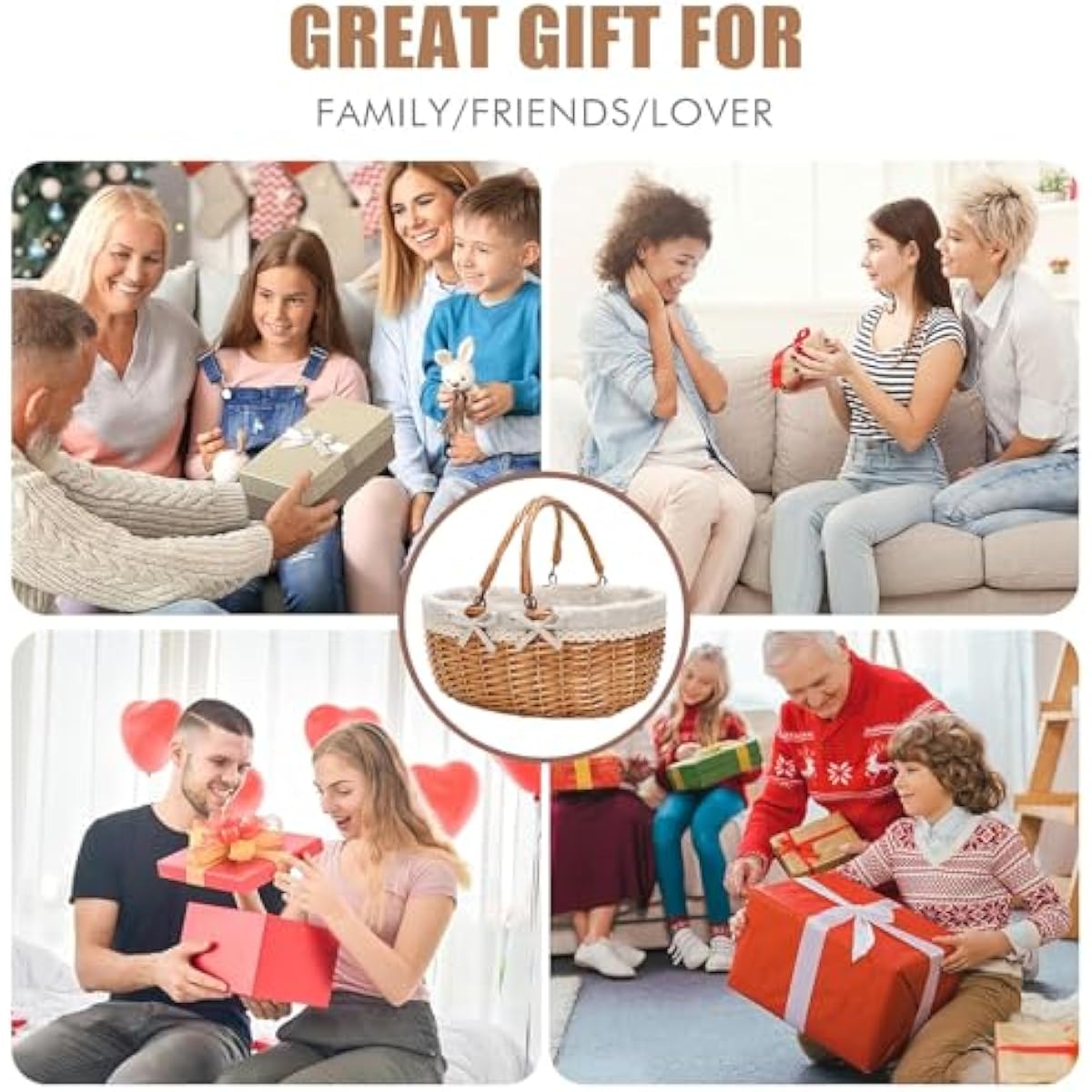 G GOOD GAIN Wicker Picnic Basket with Double Folding Handles,Willow Picnic Hamper,Natural Hand Woven Easter Basket,Easter Eggs and Candy Basket,Bath Storage,Gift Packing Basket.White