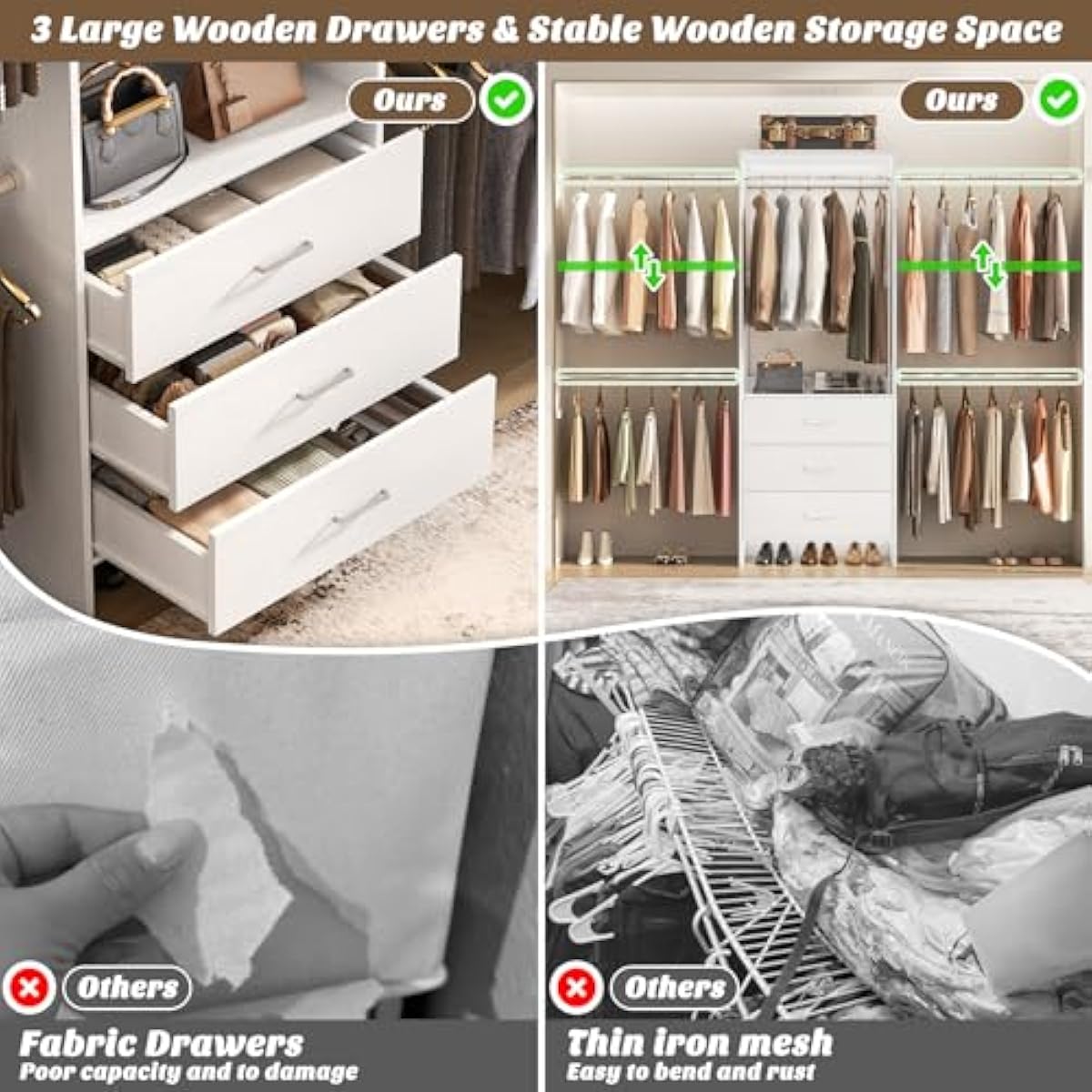 Aheaplus Closet System, Closet Organizer with 3 Wooden Drawers, Closet Organizer System, Walk-in Closet Wardrobe Clothes Rack with 4 Hanging Rods, Garment Rack, -4R, White