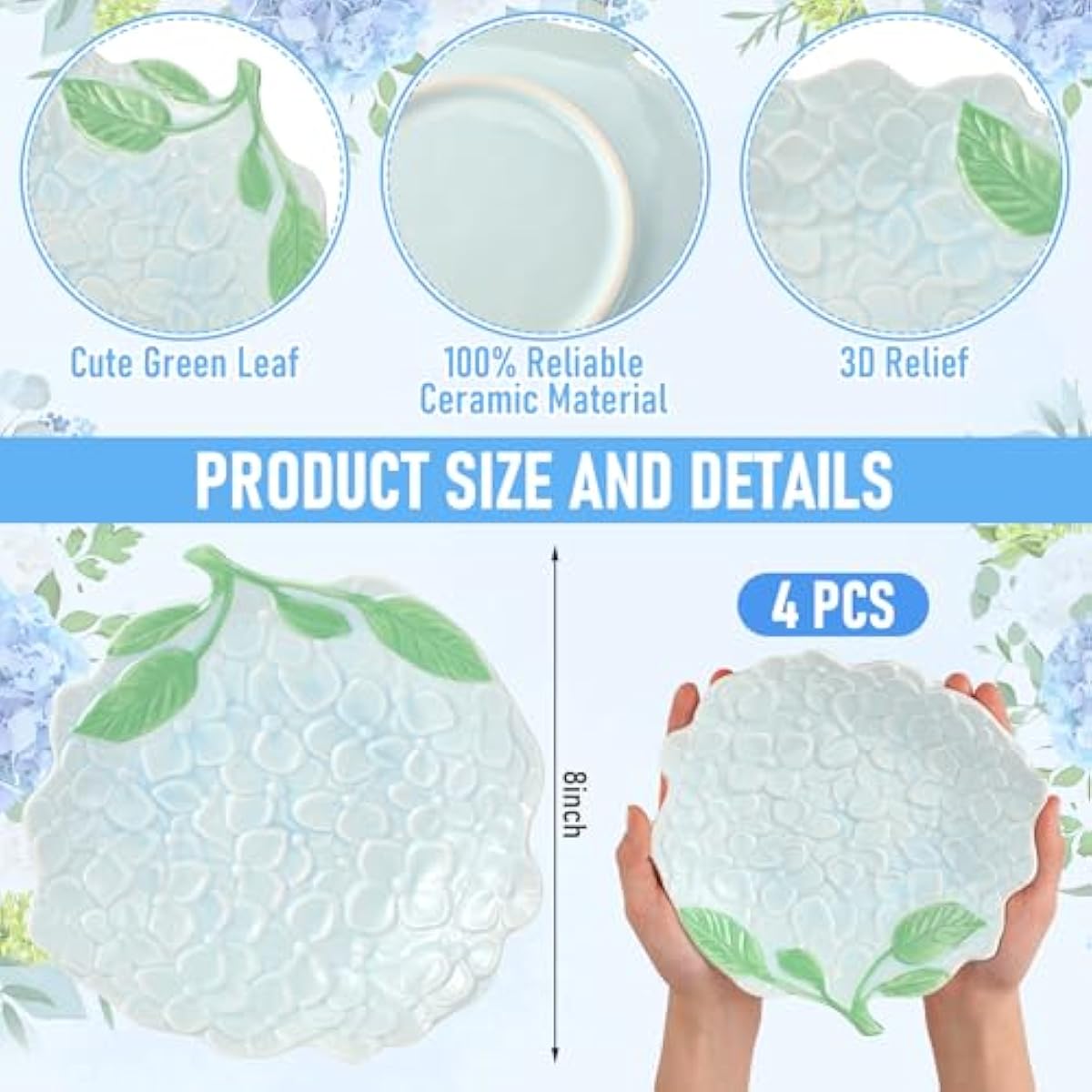 Jinei 8 Inch Hydrangea Ceramic Plates Set of 4, Blue Floral Dinner Plates for Salad Dessert Appetizer, Decorative Dishes for Home Kitchen Spring Summer Baby Shower Birthday Party Tableware Gifts