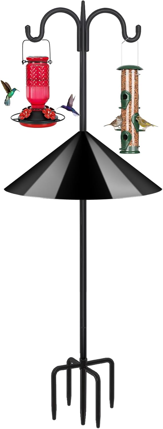 FEED GARDEN 4-Hook Squirrel-Proof Bird Feeder Pole - 92" Heavy-Duty Shepherd's Hook with 5-Prong Base & 19" Baffle for Multiple Feeders & Plants